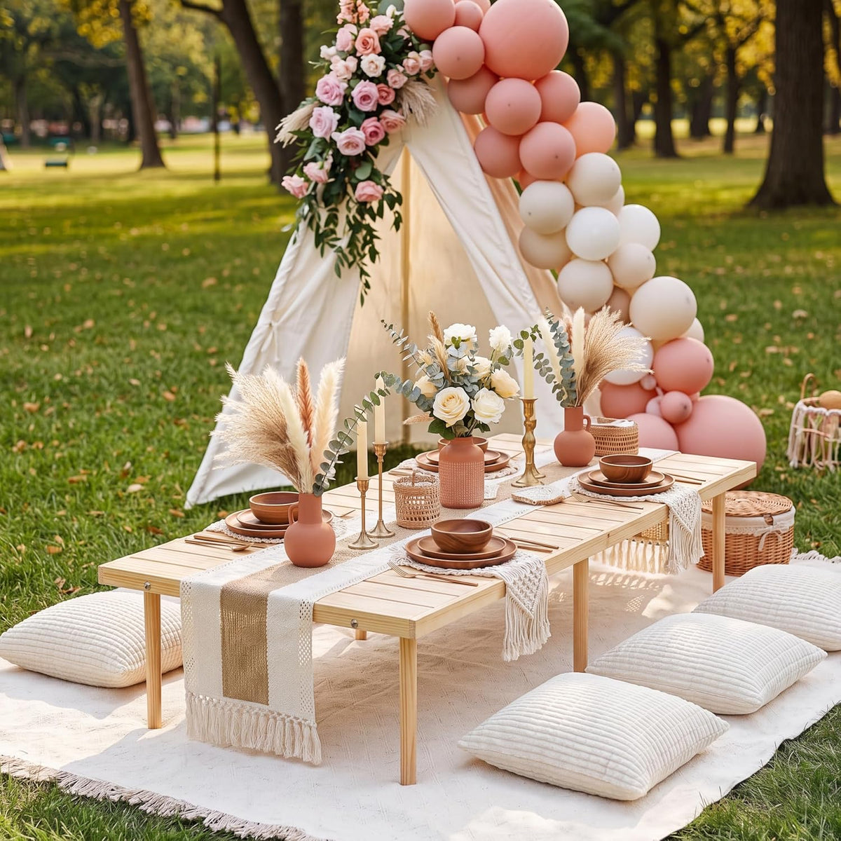 Beeveer 8 Pcs Cream White Picnic Kit, 91x71'' Extra Large Outdoor Boho Picnic Blanket, Low Table Runner, 6 Throw Pillow Cover, Woven Cotton Yarn Oversize Washable Beach Blanket for Camp Wedding Garden