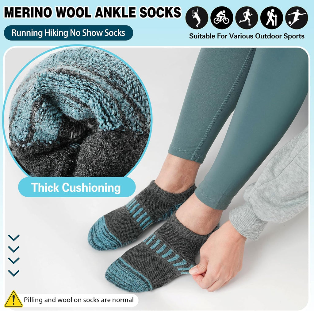 Merino Wool Ankle Athletic Running No Show Socks Cushioned Breathable Sports Warm Thick Socks for Men and Women 6 Pairs