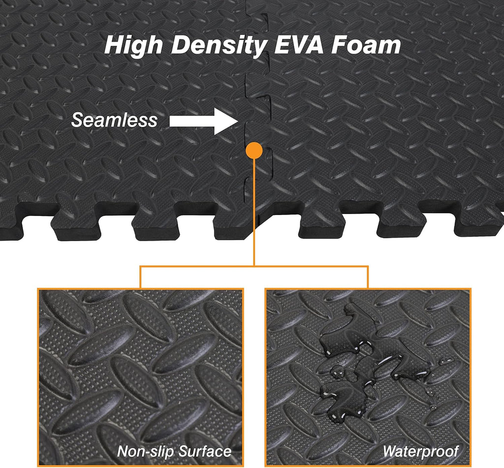 Mat Block EVA Exercise Floor Mats: Interlocking Foam Tile Performance Mats - 6 Tiles (Area: 24 SQ FT) 1/2 inch Thickness, EVA Home Gym Exercise Floor Mats for All Exercises or Equipment, Black