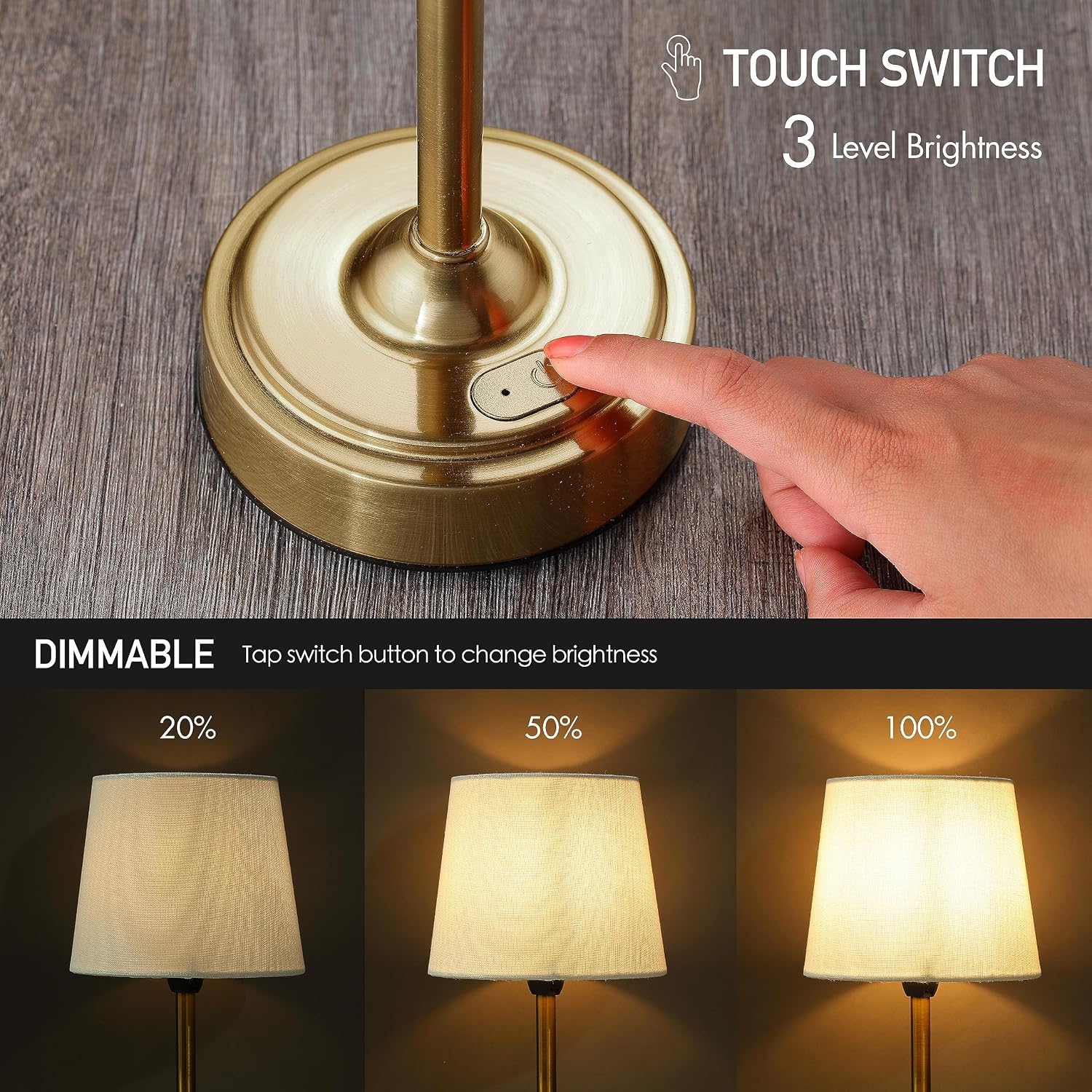 O’Bright Seraph - Cordless LED Table Lamp with Dimmer, Built-in Rechargeable Battery, 3-Level Brightness, Patio Table Lamp, Bedside Night Lamp, Ambient Light for Restaurant, Antique Brass