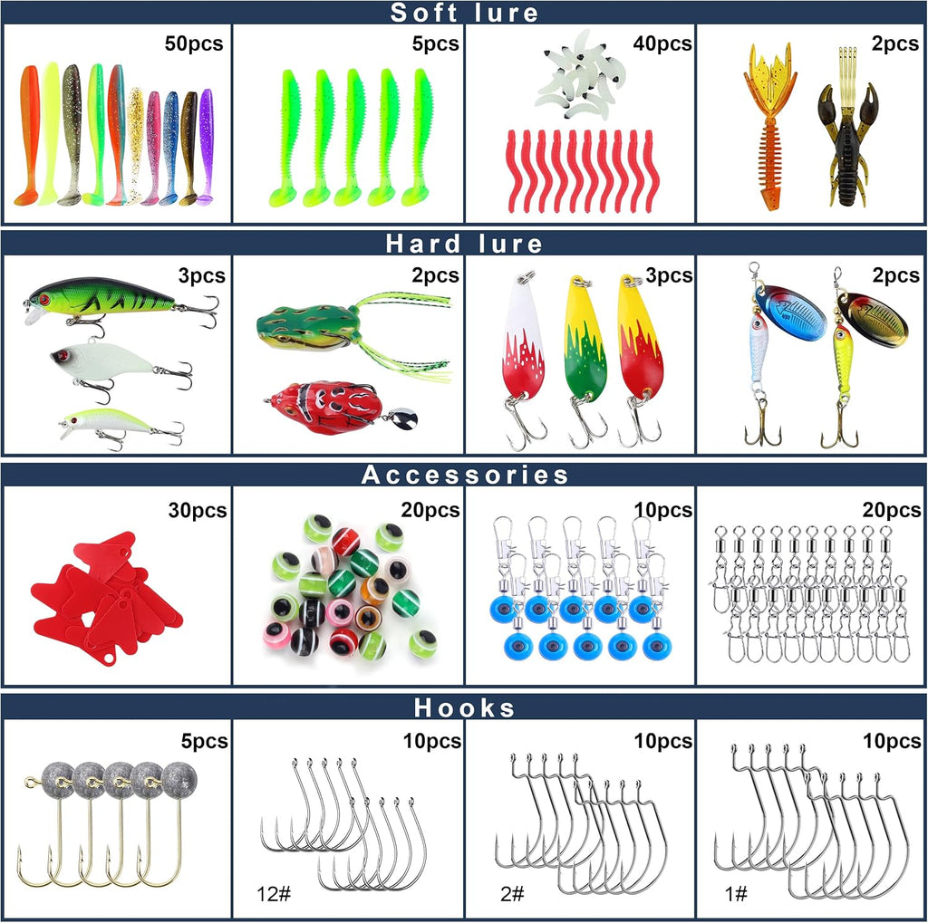 220 Pcs Fishing Lures Equipment Tackle Gear Box for Bass, Fish Kit with Soft Lures,Hooks, Accessories Tools,Frog,Worms,Plastic Bait, Swimbait,Crappie Jigs,Crankbaits, Gifts for Men
