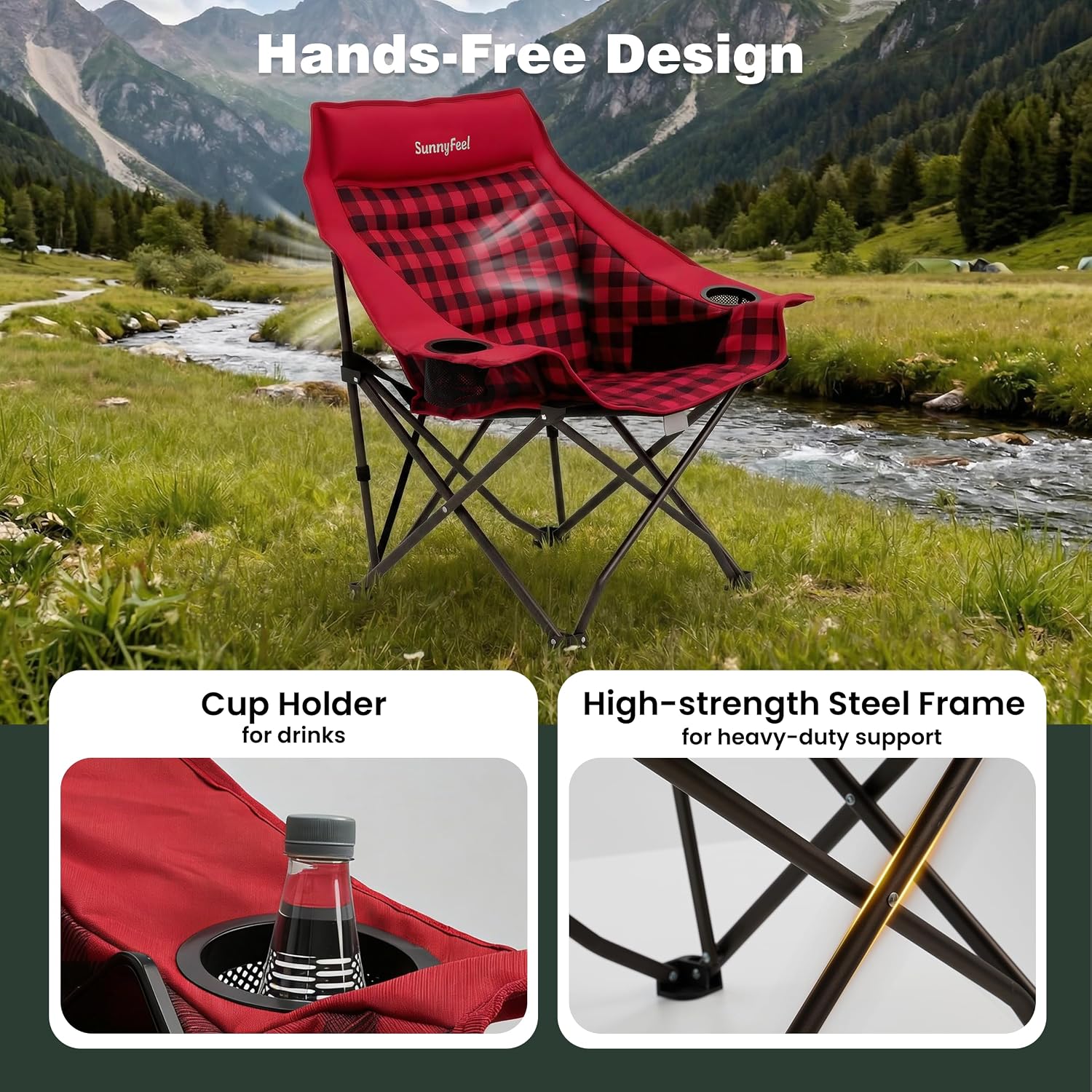 SUNNYFEEL Padded Oversized Camping Chairs for Adults, Heavy Duty Portable Folding Chair with Carry Bag, Side Pockets & Cup Holder, Supports 300 lbs, for Tailgating Hiking Picnic Backyard Red