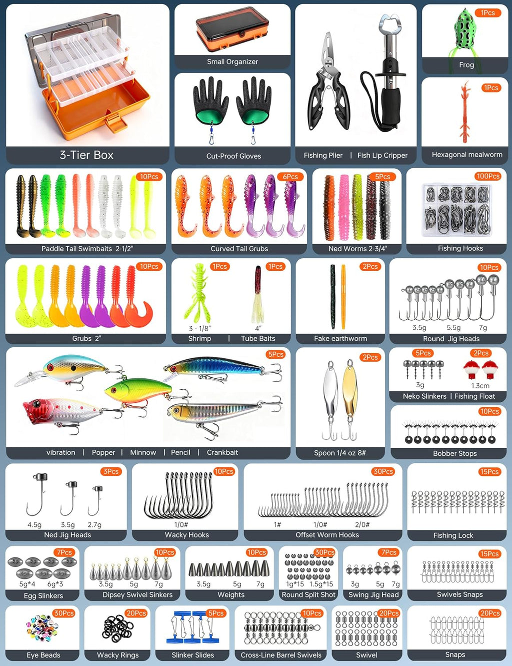 Large 3-Layer Tackle Box with Tackle Included, 417Pcs Fishing Lures Kit | Fishing Box with Bonus Small 2-Sided Box & Gloves, Pliers, Crankbait, Hooks, Freshwater Bass Fishing Gear Gift for Men & Kids