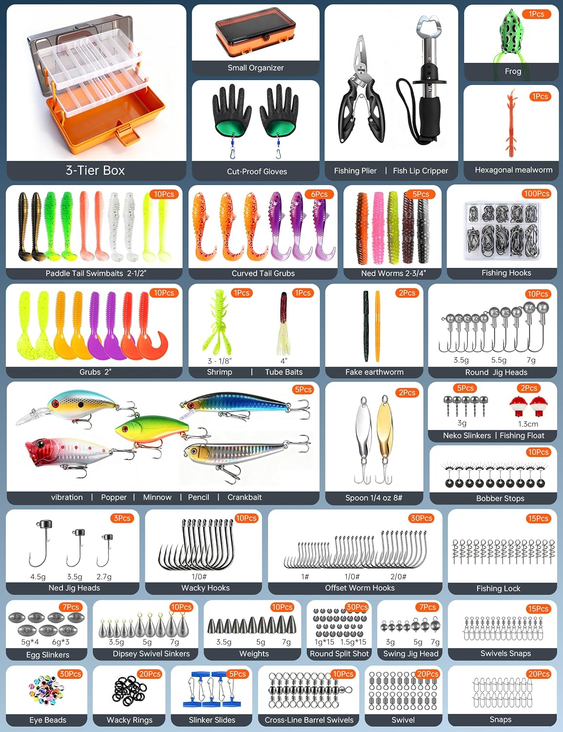 Large 3-Layer Tackle Box with Tackle Included, 417Pcs Fishing Lures Kit | Fishing Box with Bonus Small 2-Sided Box & Gloves, Pliers, Crankbait, Hooks, Freshwater Bass Fishing Gear Gift for Men & Kids