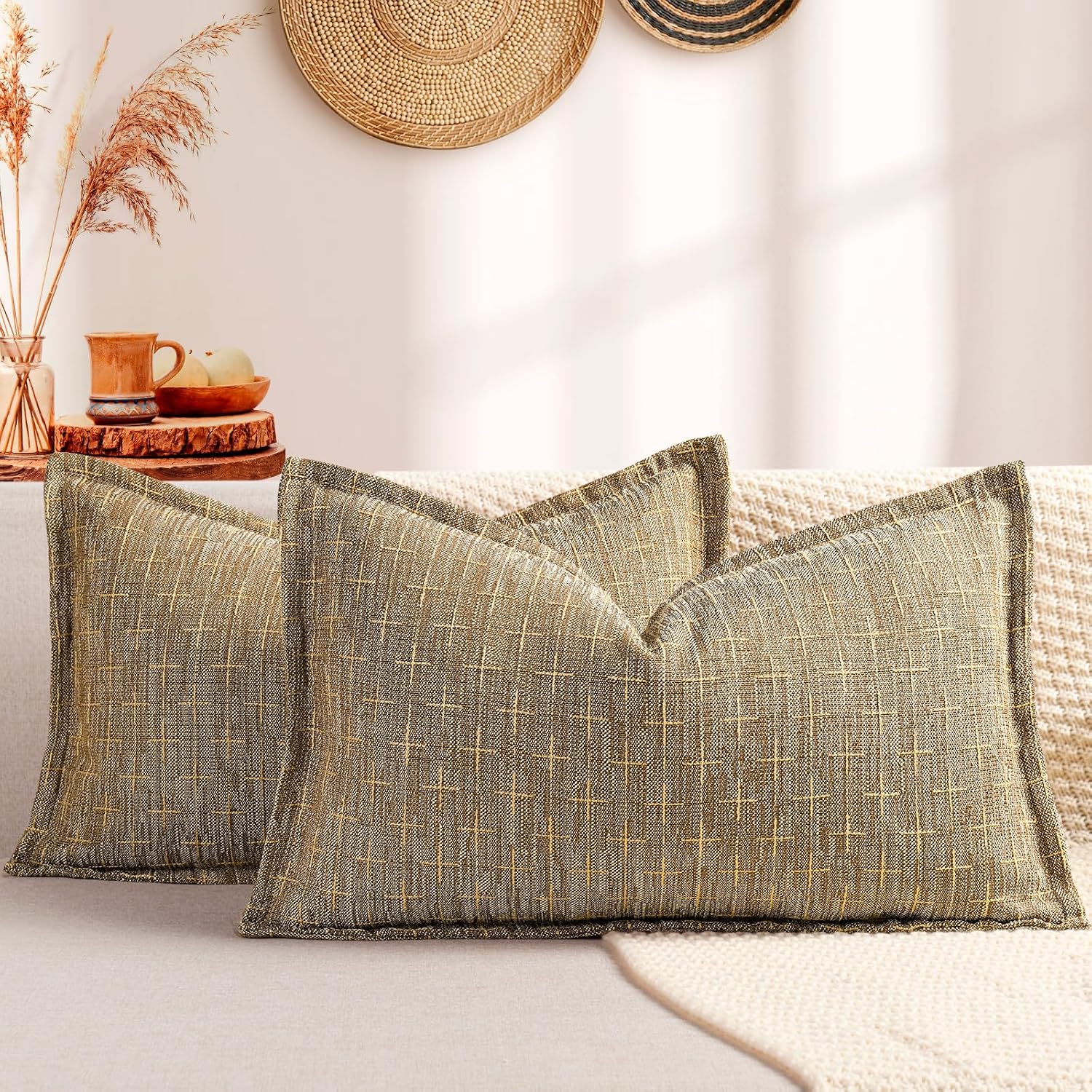 ZWJD Throw Pillow Pillow Covers 18x18 Set of 2 Soft Polyester Textured Pillow Covers with Stylish Flange Edge Cozy Farmhouse Throw Pillows for Couch Bed Sofa Living Room Camel
