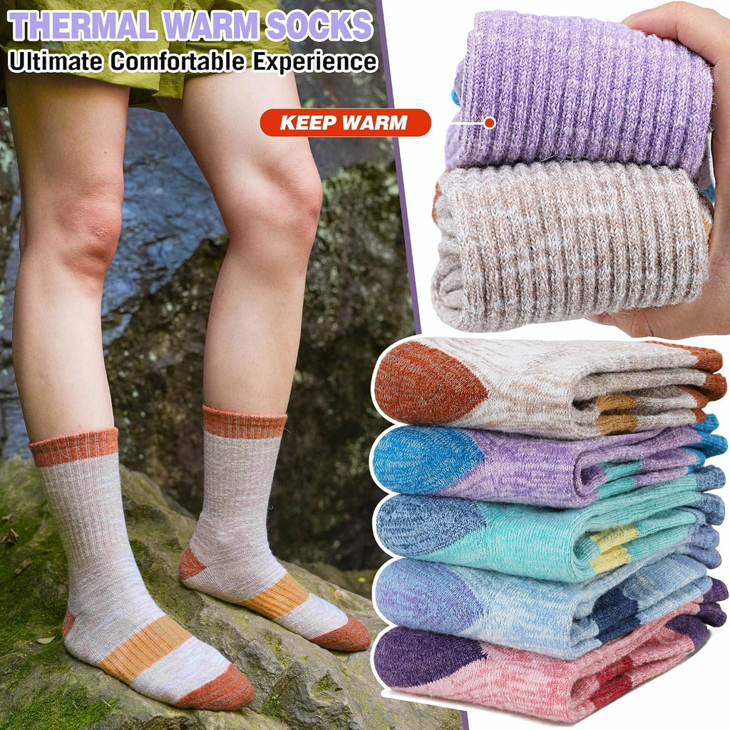 Merino Wool Hiking Socks Thermal Warm Winter Cozy Cushioned Moisture Wicking Crew Socks for Women 5 Pairs