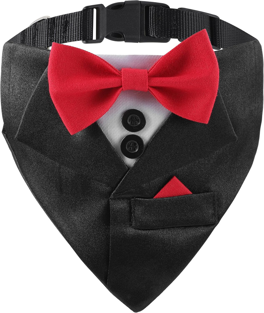 Popular Pet Party Suit Tuxedo Collar, Black Triangle Scarf with Red Bowtie, Handsome Dog Wedding Engagement Bow Tie Bandana (L)