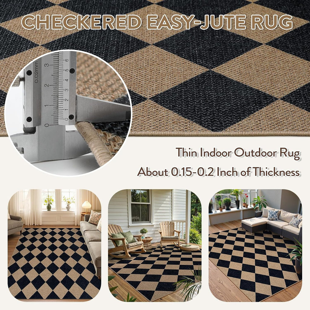 Lahome Checkered Easy Jute 5x7 Outdoor Rug, Washable Rugs for Living Room
