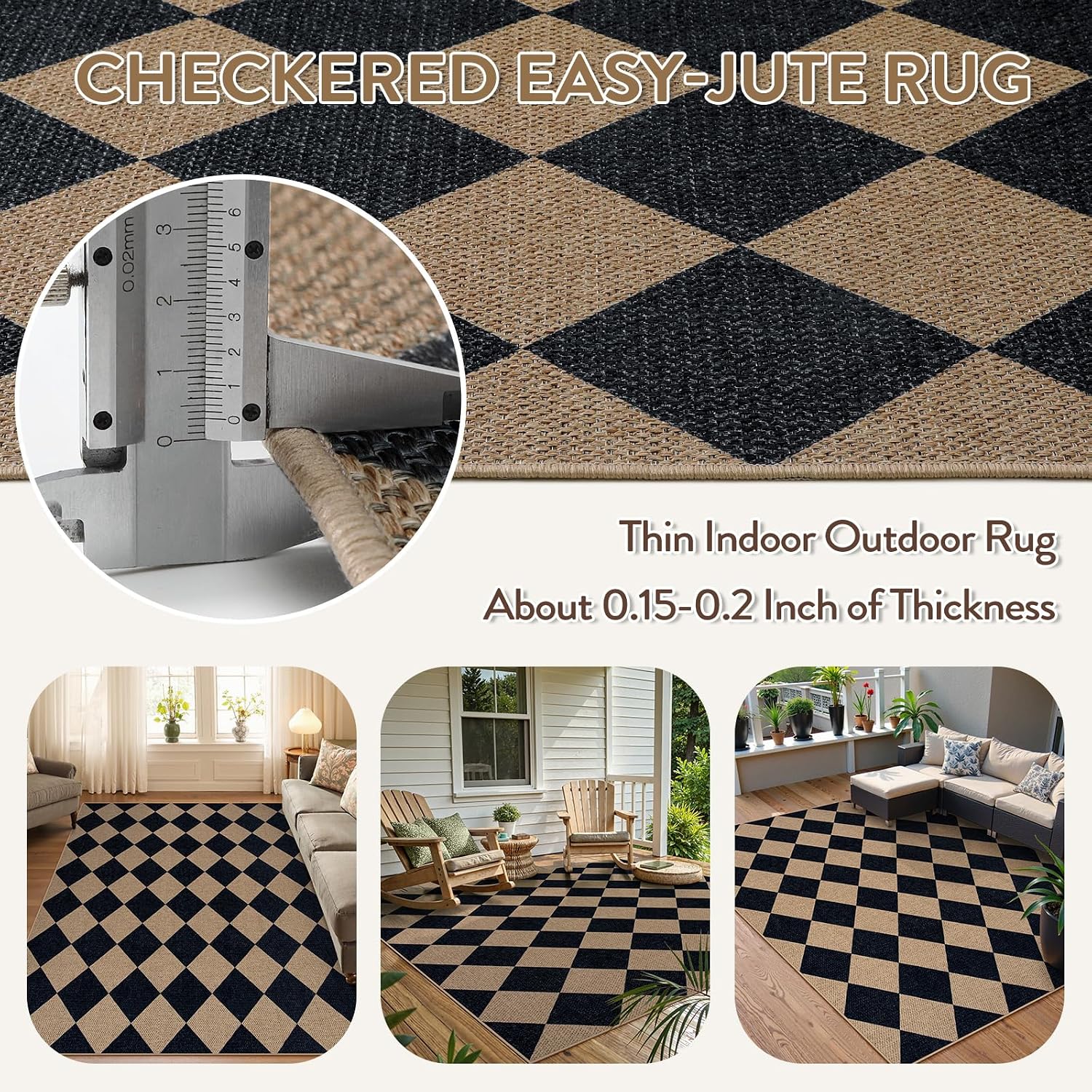 Lahome Checkered Easy Jute 5x7 Outdoor Rug, Washable Rugs for Living Room