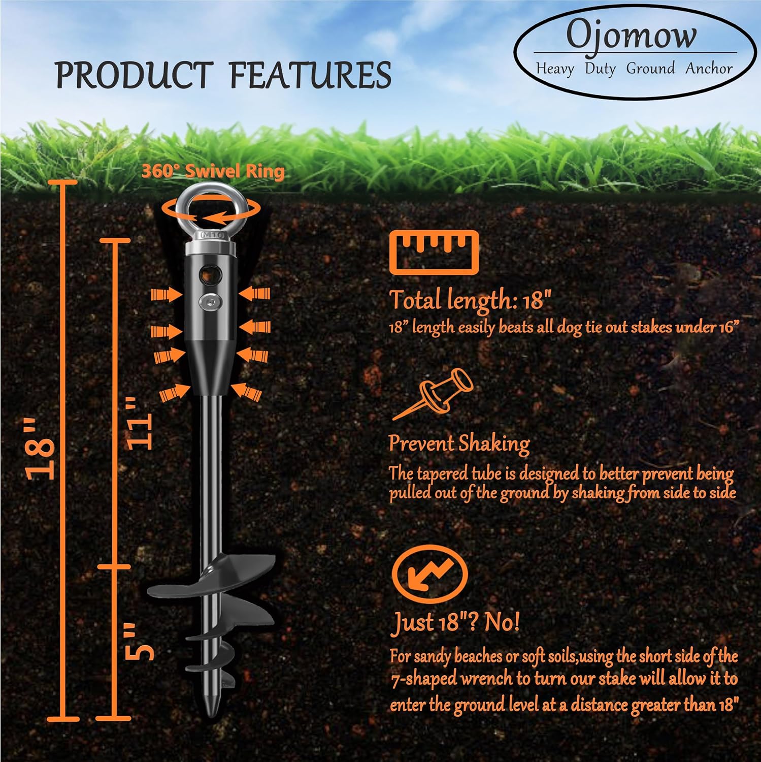 18" Heavy Duty Dog Tie Out Stake for Cable & Leash & Chain & Yard & Outside & Beach, Ground Stakes or Anchor for Large Dog Runner & Lead for Yard, Dog Camping Essentials (Stake Without Cable)