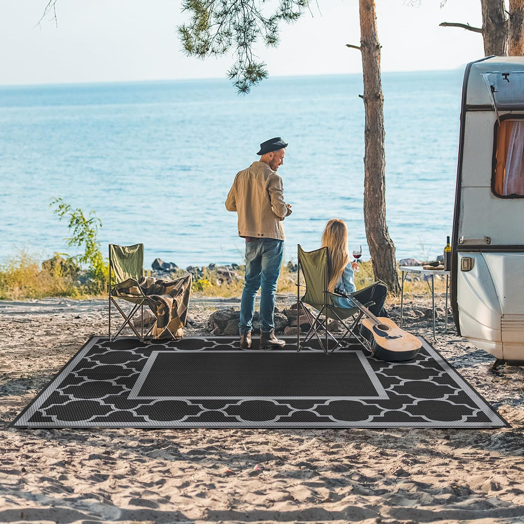 GENIMO Outdoor Rug, Waterproof Plastic Rugs for Patio, 6'x9' Black Gray