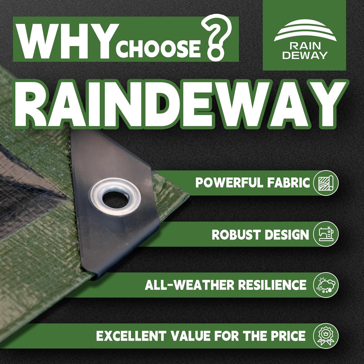 RAINDEWAY 8x8 Feet Tarp Waterproof,9Mil Green/Black Poly Tarps Cover