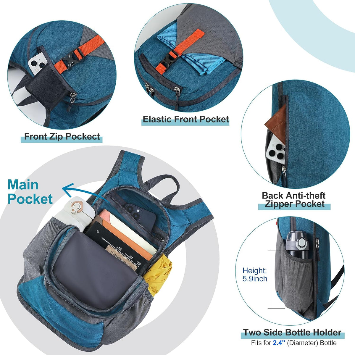 FIORETTO 10L Hiking Backpack for Men Women Lightweight Foldable Small Daypack for Travel Camping Outdoor, Turquoise