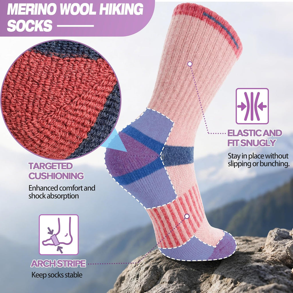 MOGGEI 5 Pairs Merino Wool Hiking Socks Warm Thermal Winter Cozy Cushioned Moisture Wicking Socks for Women & Men
