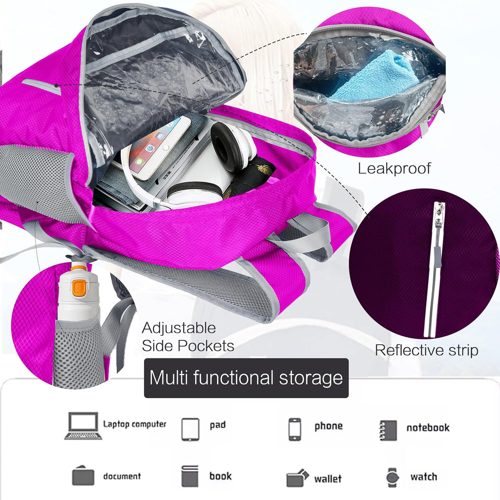 Waterproof Foldable Hiking Backpack, Lightweight Beach Bag HotPink