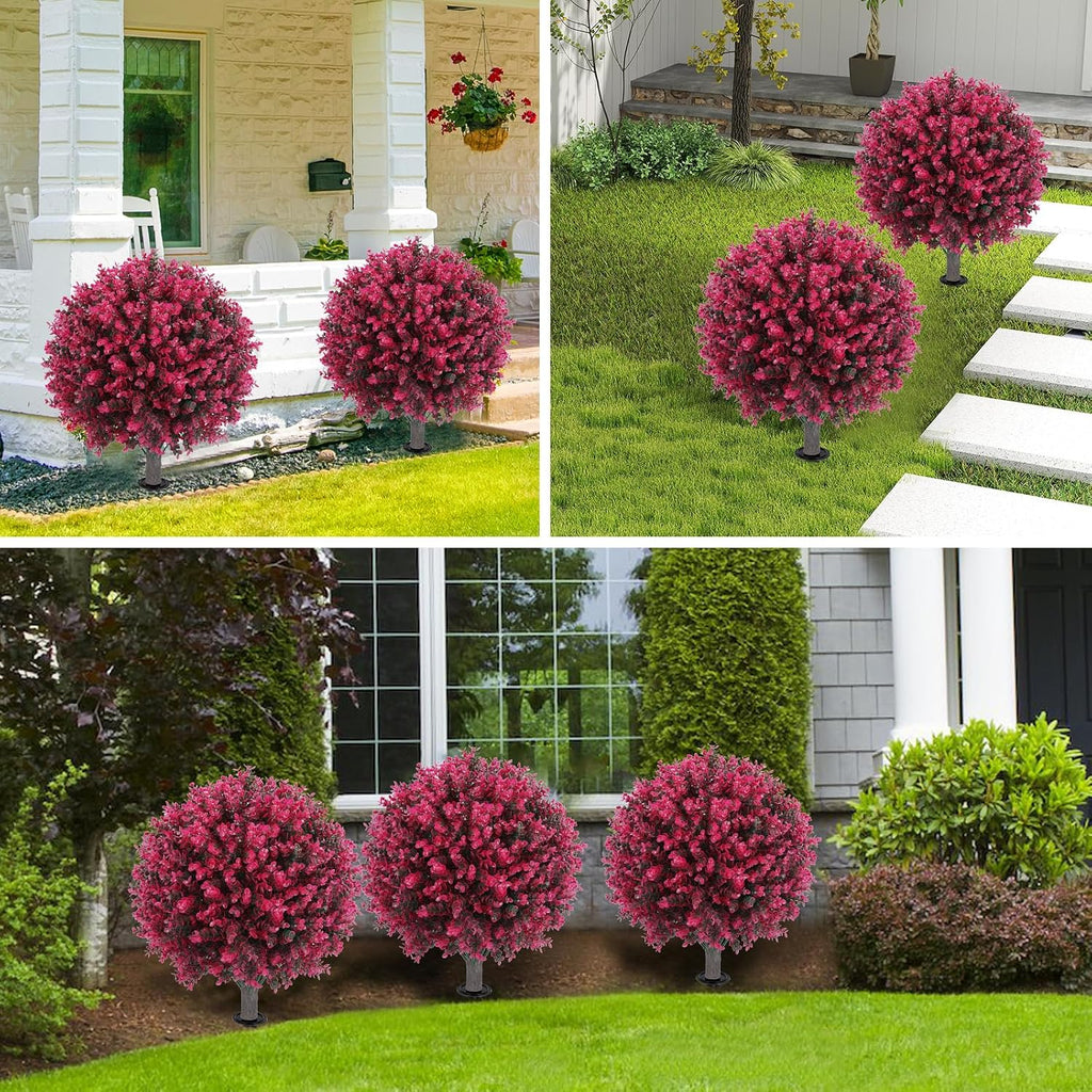 Artificial Red Eucalyptus Topiary Ball Tree 24" with Ground Spike, Set of 2 Artificial Boxwood Bushes for Faux Shrubs, Fake Evergreen Faux Plant for Indoor Outdoor Garden -UV Resistant–Fade-Proof