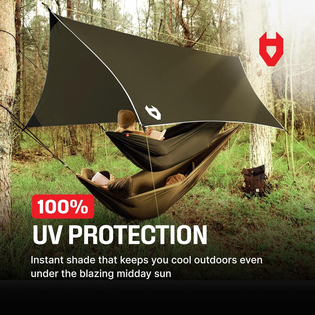 Rain Fly 12x10 Lightweight Survival Camping Tarp; 100% Waterproof; Makes a Great Backpacking Tarp or Hammock Shelter; Comes in Multiple Colors, Survival Bracelet Included; OD-Green