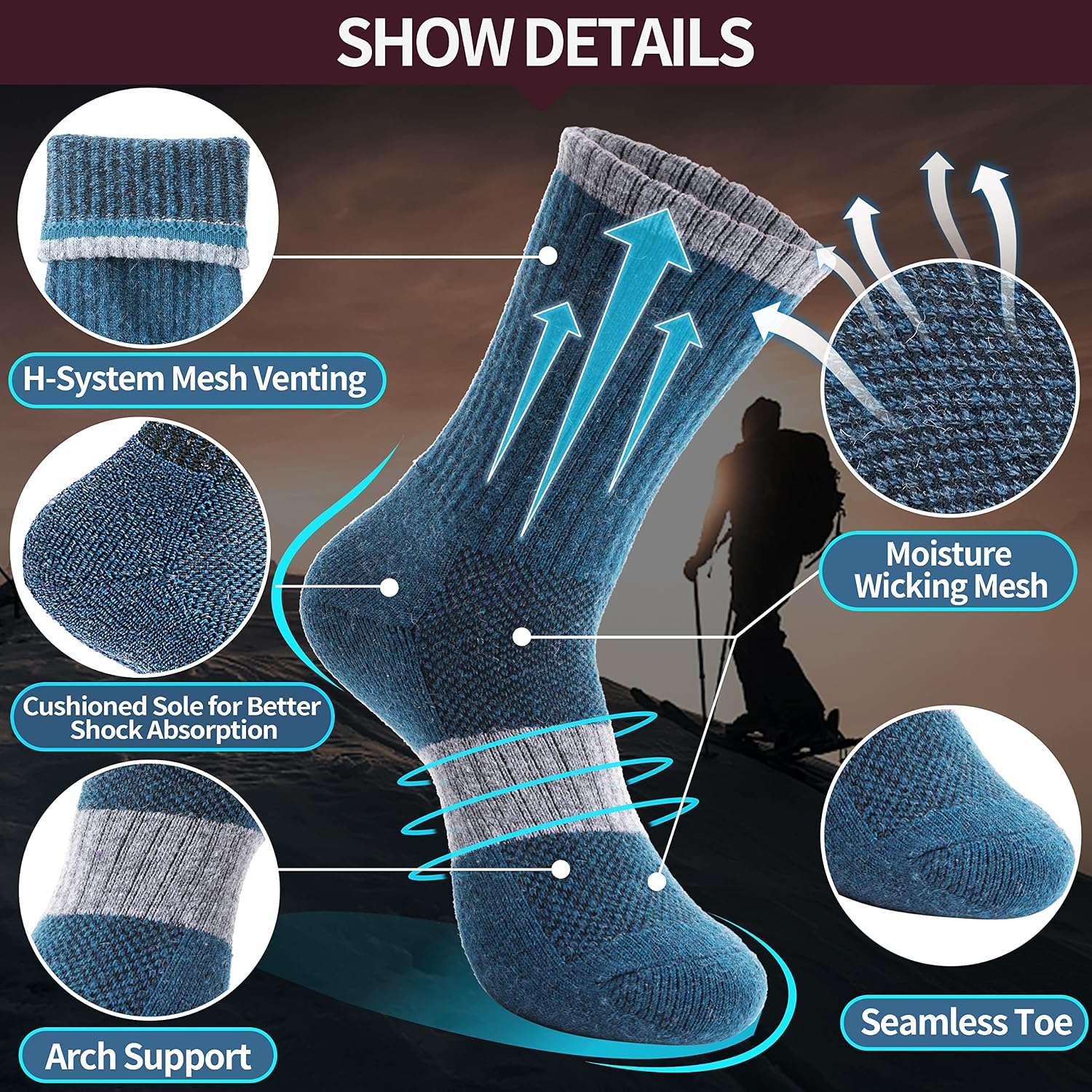 Anlisim Merino Wool Hiking Running Socks for Women, Boot Work Crew Socks