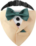 Yellow Dog Bandana with Green Bowtie, Formal Dog Collar Costume, Tuxedo Dog Collar for Wedding Engagement and Birthday (L)