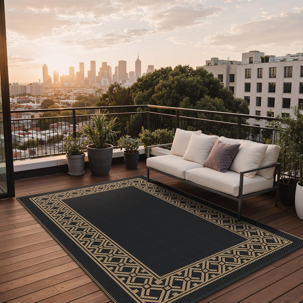 GENIMO Outdoor Rug, Waterproof Plastic Rugs for Patio, 6'x9' Black Brown