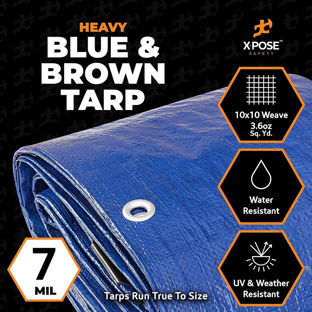 Xpose Safety 30’ x 40’ Heavy Blue/Brown Tarp - Waterproof - 7 Mil Weatherproof Camping Tarp for Tent, Rain, Wind & Sun - Plastic Tarpaulin Cover Outdoor for Roof, Trailer, RV, Car, Boat