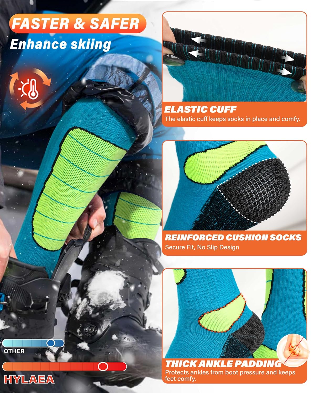 Hylaea Unisex Knee High Merino Wool Ski Snowboard Socks, Cushioning & Warm