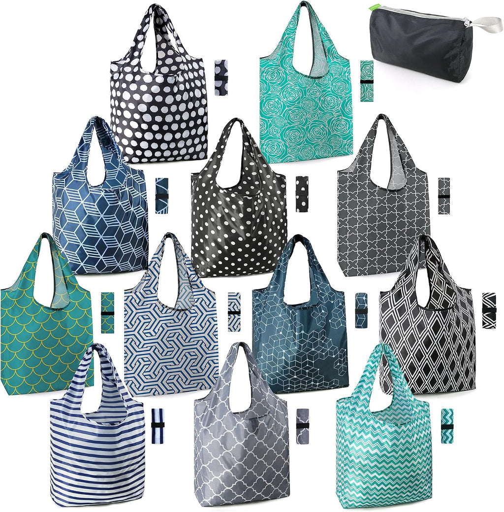 BeeGreen Reusable Grocery Bags Lightweight Durable Shopping Bags Washable Foldable 12 Pack Xlarge Classic Geometric Design Gift Tote Grocery Bags with Elastic Band and Separated Zipper Storage Pouch