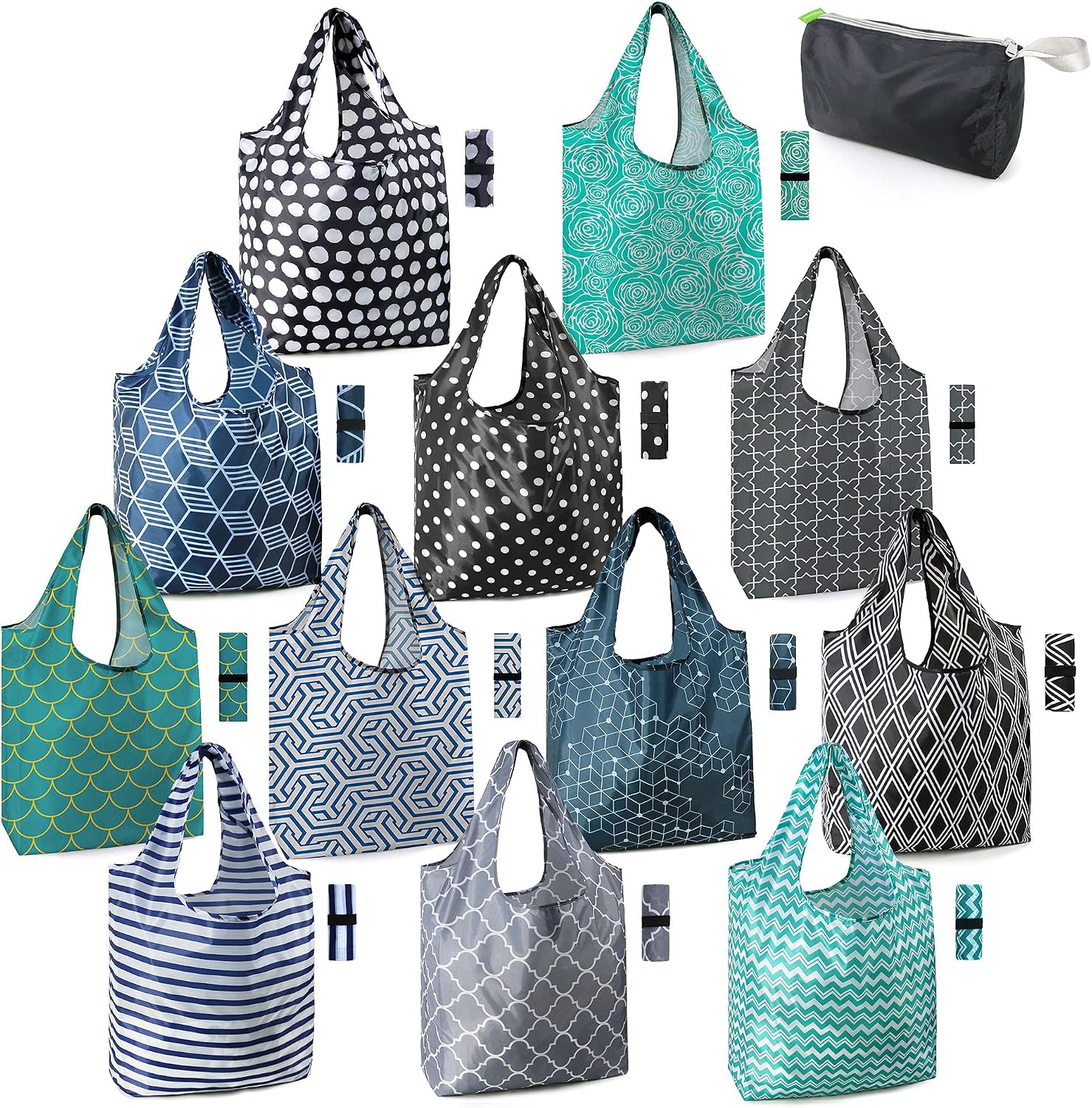 BeeGreen Reusable Grocery Bags Lightweight Durable Shopping Bags Washable Foldable 12 Pack Xlarge Classic Geometric Design Gift Tote Grocery Bags with Elastic Band and Separated Zipper Storage Pouch