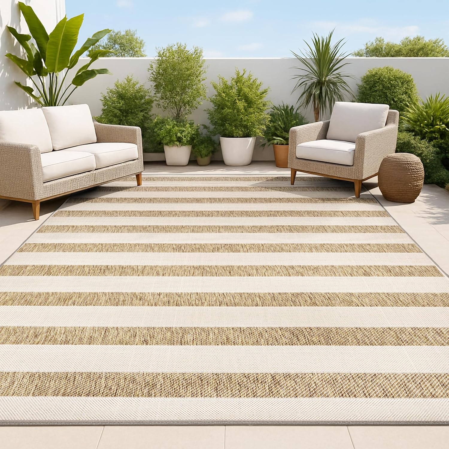 JONATHAN Y Wide Stripe Indoor Outdoor Area Rug 5X8 Beige/Brown, Aveiro for Backyard, Patio, Porch, Easy-Cleaning, High Traffic, Pet-Friendly, Non-Shedding (SMB112A-5)