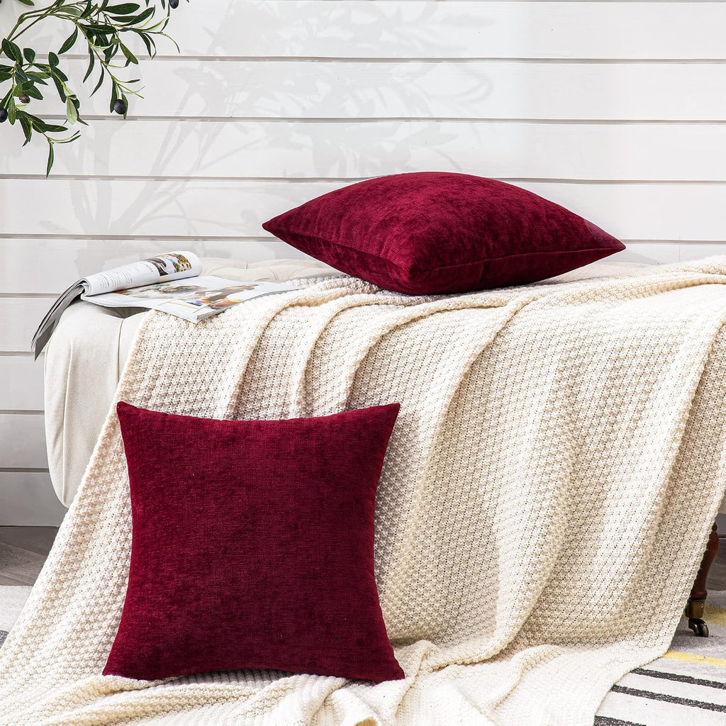 GAWAMAY Decorative Square Throw Pillow Covers 18"x18" Inch Set of 2, Super Soft Chenille Pillows Cover Fall Pillowcase for Living Room Bedroom Sofa Couch Cushion Cover Burgundy Red 45x45cm