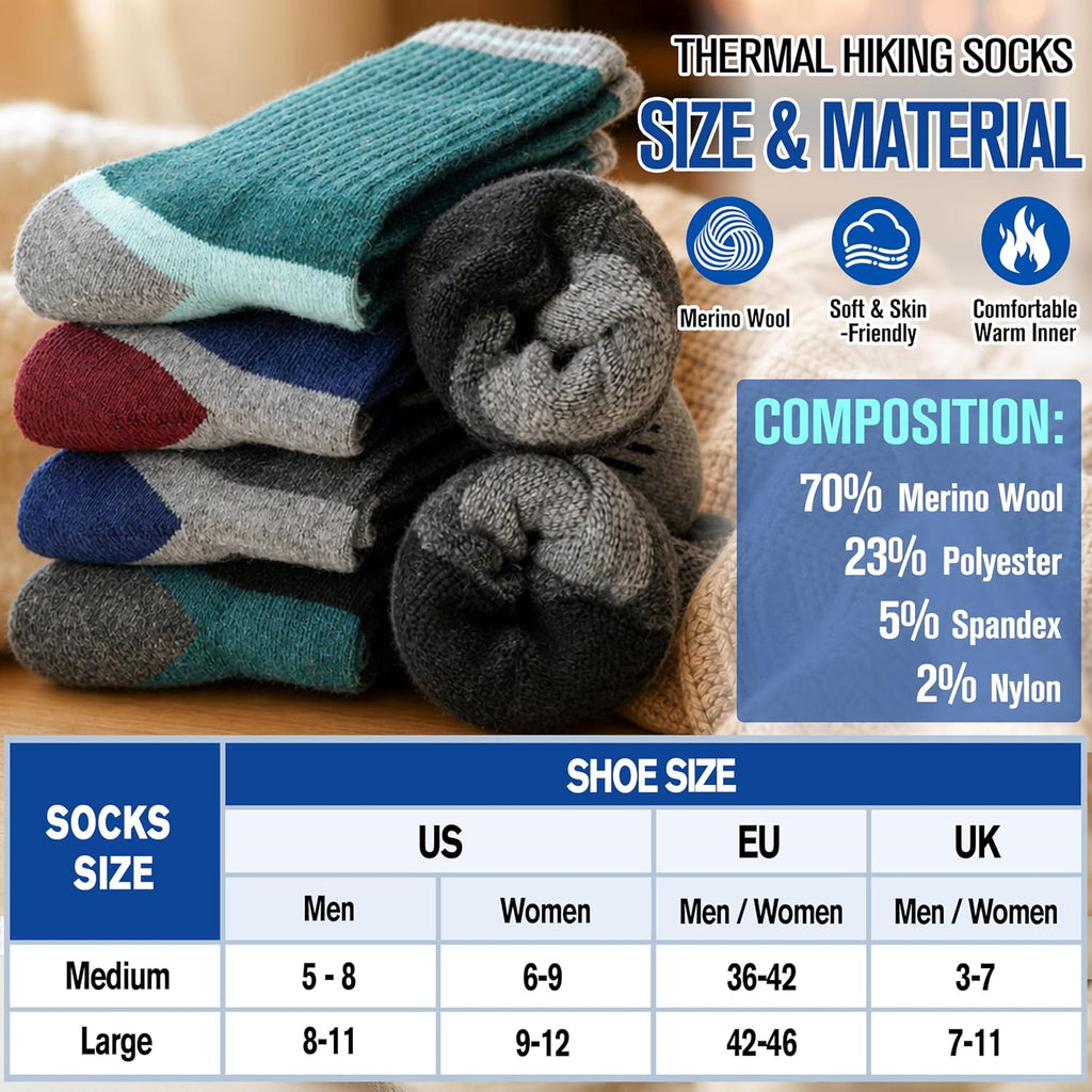 MOGGEI 5 Pairs Merino Wool Hiking Socks Warm Thermal Winter Cozy Cushioned Moisture Wicking Socks for Women & Men