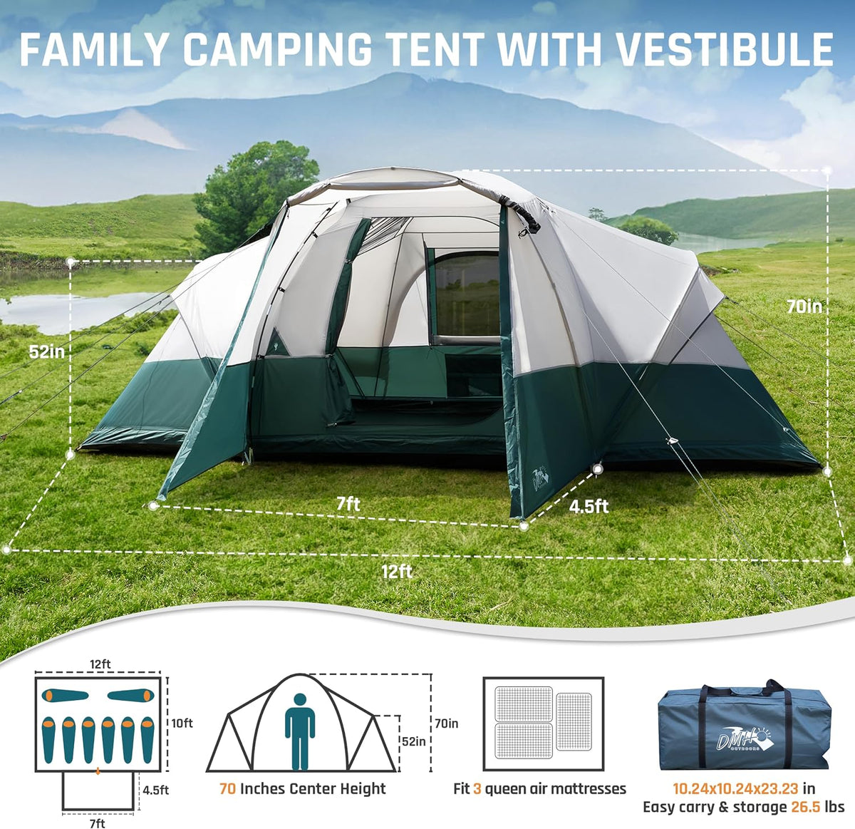 DMH OUTDOORS 8/11 Person Large Family Camping Tent Tunnel Tent with Porch