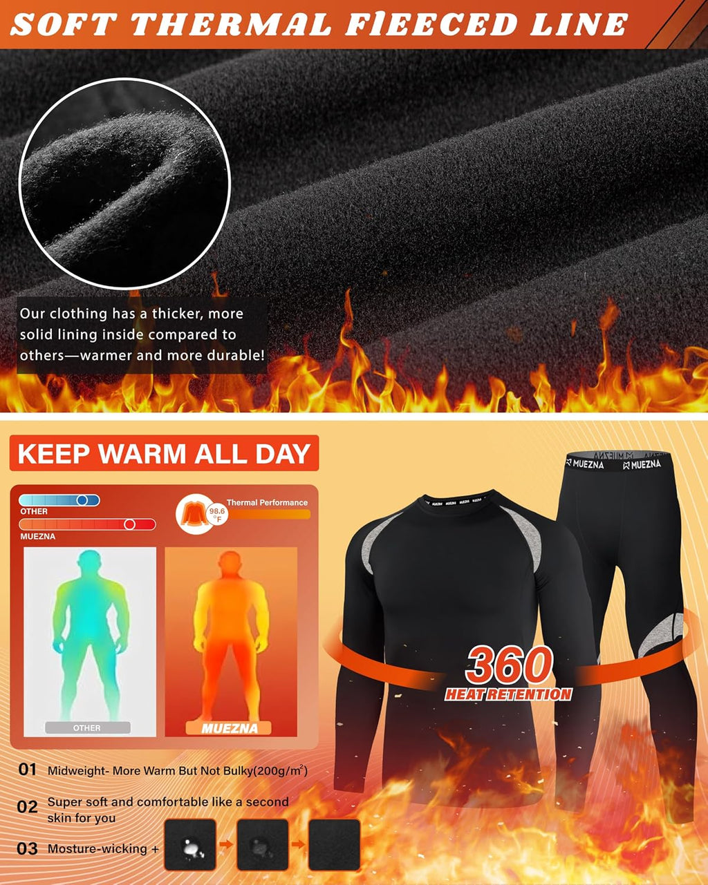 Muezna Men's Thermal Top and Bottom Set Underwear Long Johns Base Layer