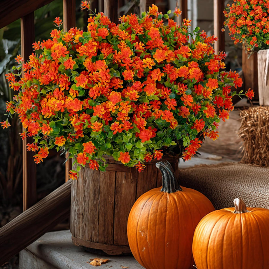 AXYLEX Artificial Mums for Outdoors, Fake Fall Flowers (Red Orange)