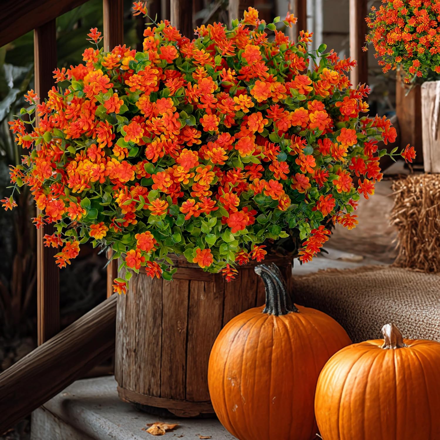AXYLEX Artificial Mums for Outdoors, Fake Fall Flowers (Red Orange)