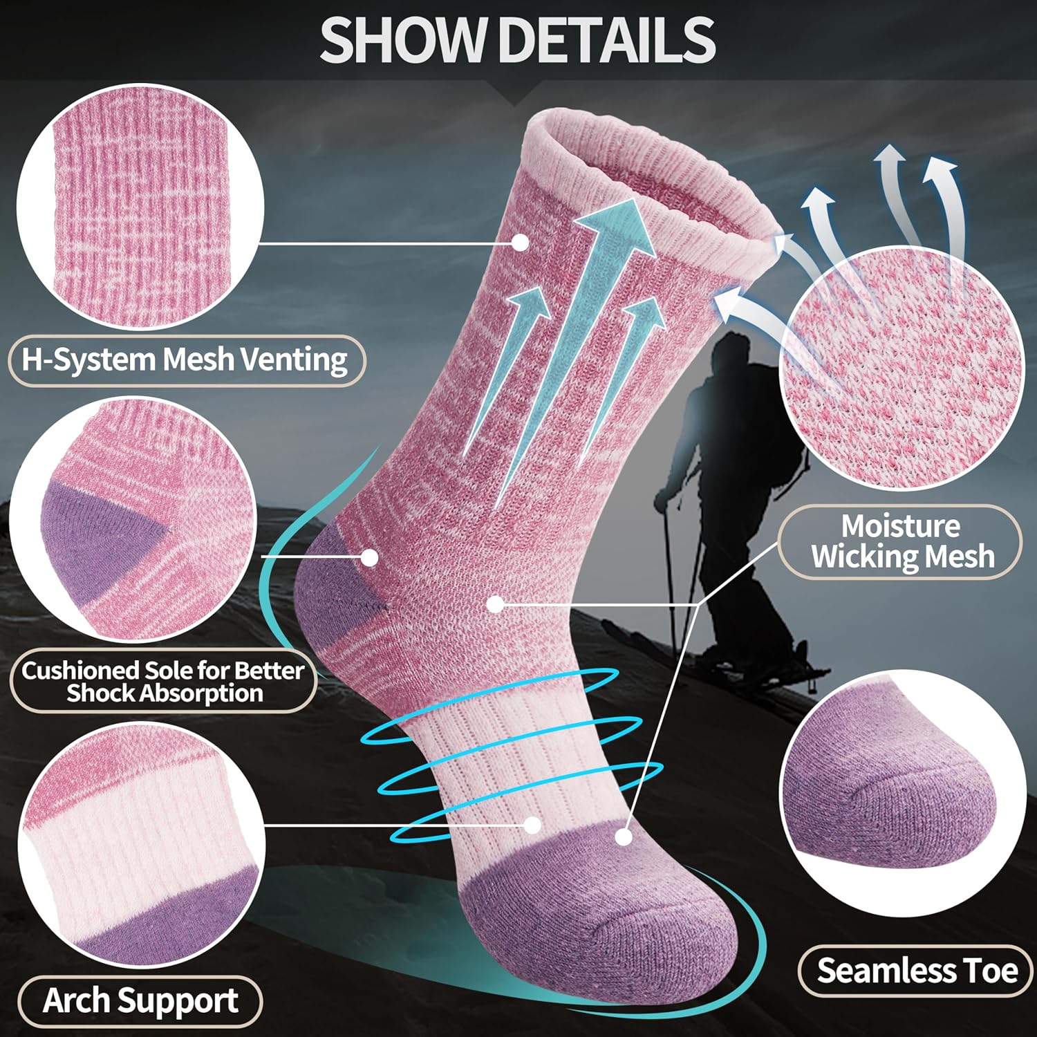 Anlisim Merino Wool Hiking Running Socks for Women, Boot Work Crew Socks