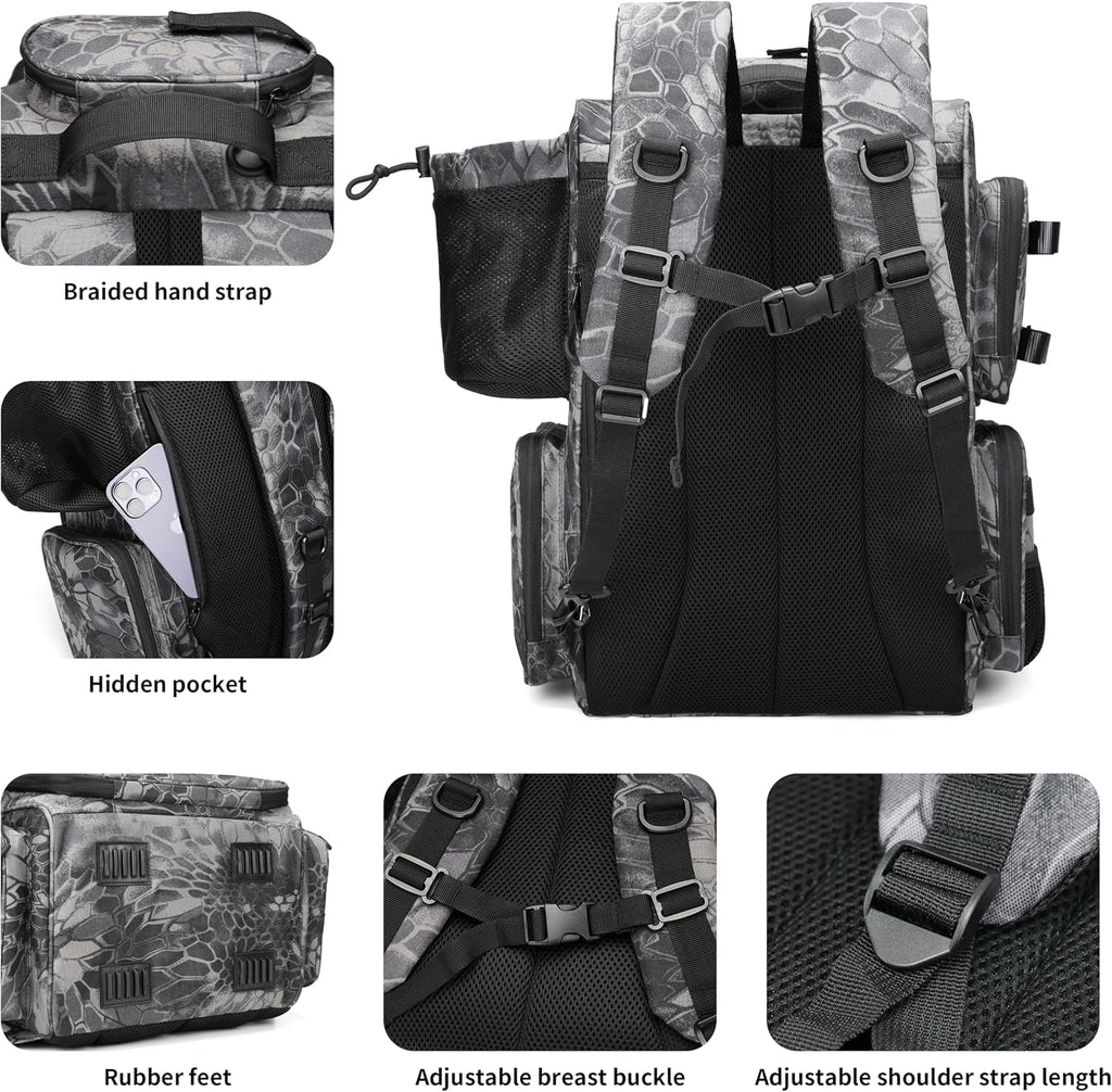 Rabjen Fishing Tackle Backpack with Rod Holders, Bottle Holder, Storage Bag Store Fishing Gear