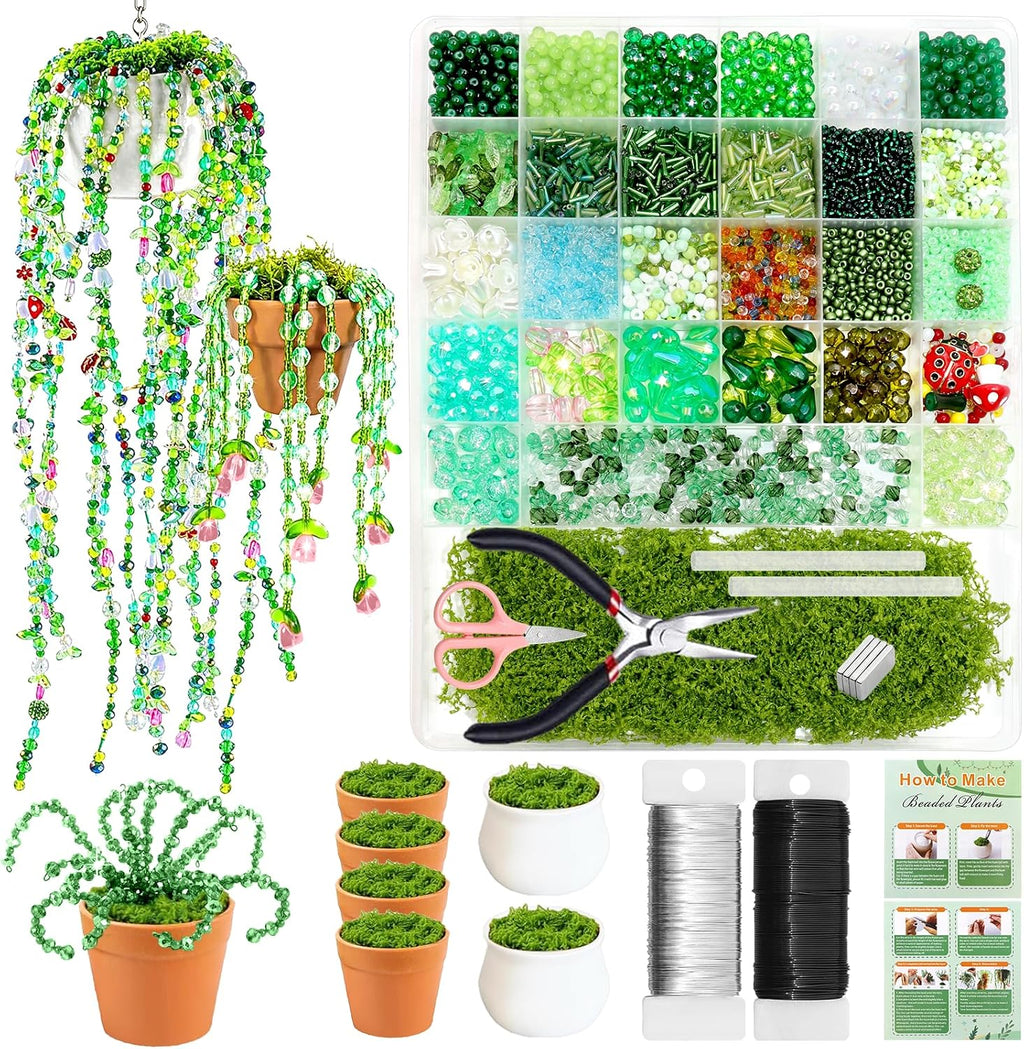 ZYNERY 5600pcs Beaded Plant Kit, Green Glass Beads, with A Full Set of Tools Green Beads Kit Glass for Making Succulent Jewelry and DIY Crafts Fridge Magnets
