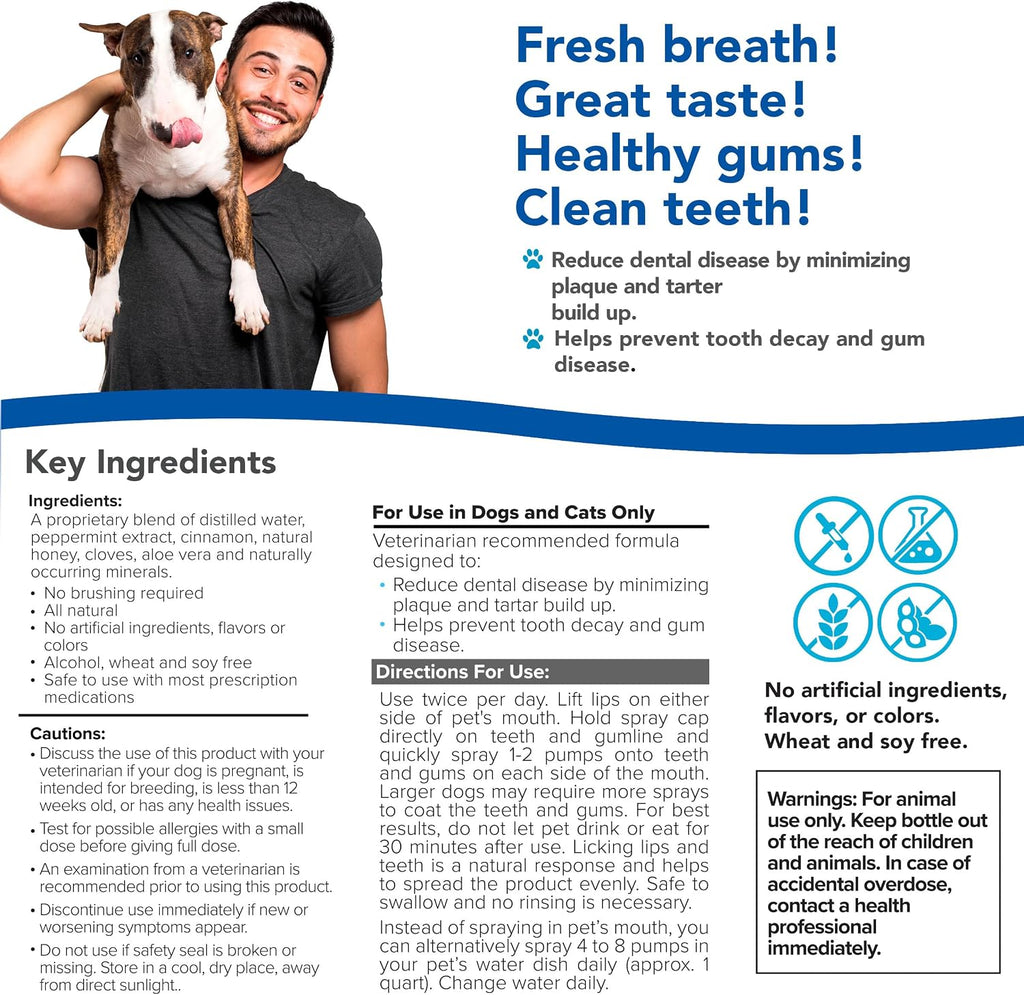 Dog Breath Freshener: Eliminate Bad Breath and Prevent Oral Disease in Dogs and Cats - Teeth Cleaning Spray with Aloe Vera - Plaque and Tartar Remover, Oral Hygiene for Pets (Pack of 1)