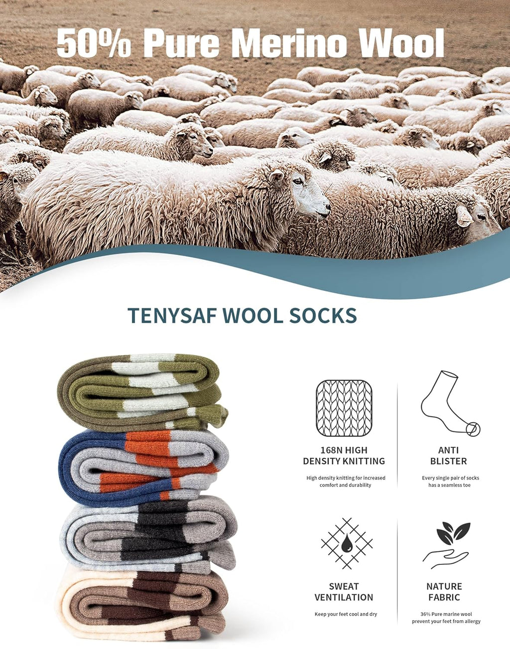 Wool Hiking Socks for Men - Women Lightweight Crew Merino Wool Socks with Cushion for Camping Hunting Work,4 pack