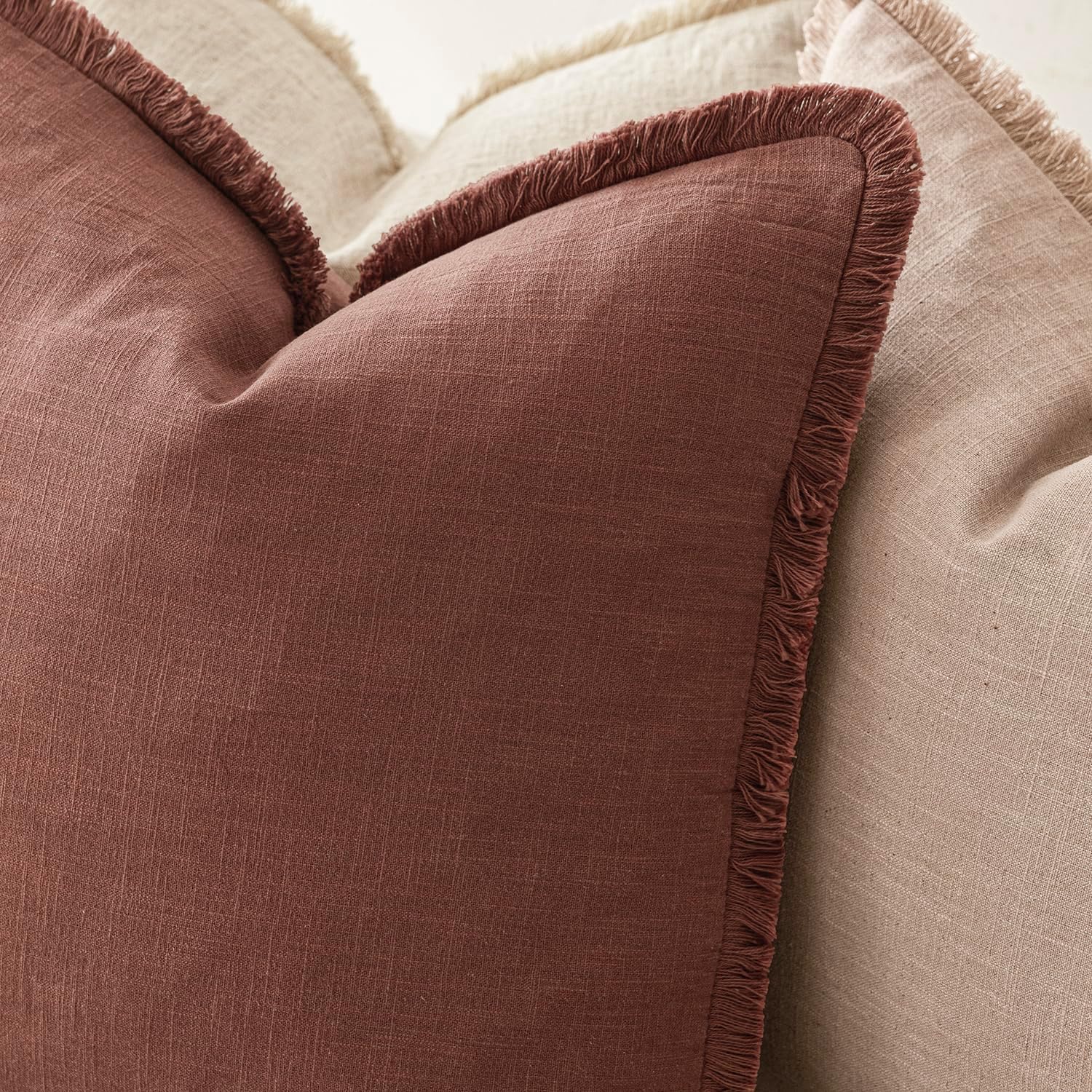 Foindtower Decorative Linen Fringe Throw Pillow Covers 20×20 Inch,Rust Red