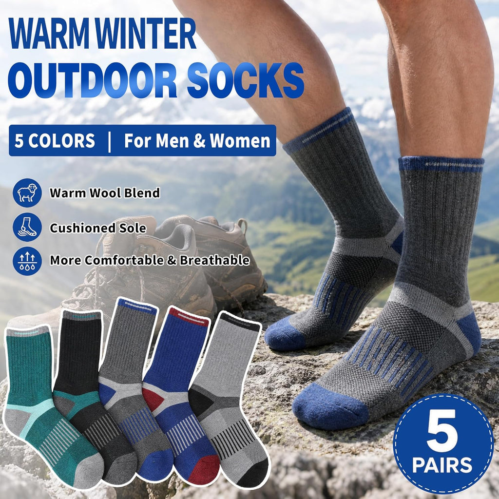 MOGGEI 5 Pairs Merino Wool Hiking Socks Warm Thermal Winter Cozy Cushioned Moisture Wicking Socks for Women & Men