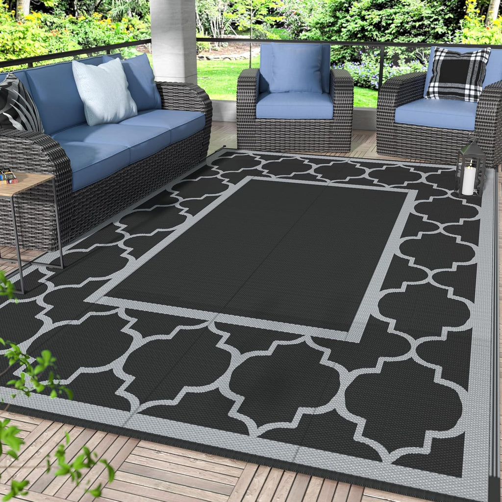GENIMO Outdoor Rug, Waterproof Plastic Rugs for Patio, 6'x9' Black Gray