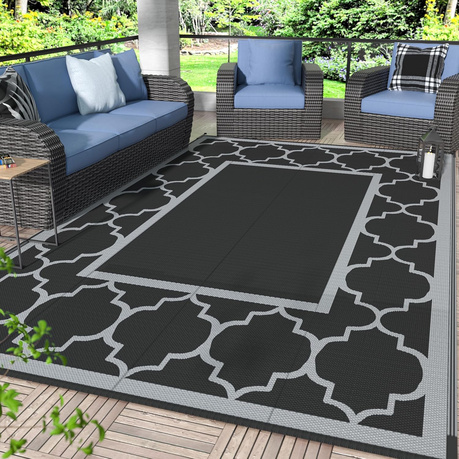 GENIMO Outdoor Rug, Waterproof Plastic Rugs for Patio, 6'x9' Black Gray