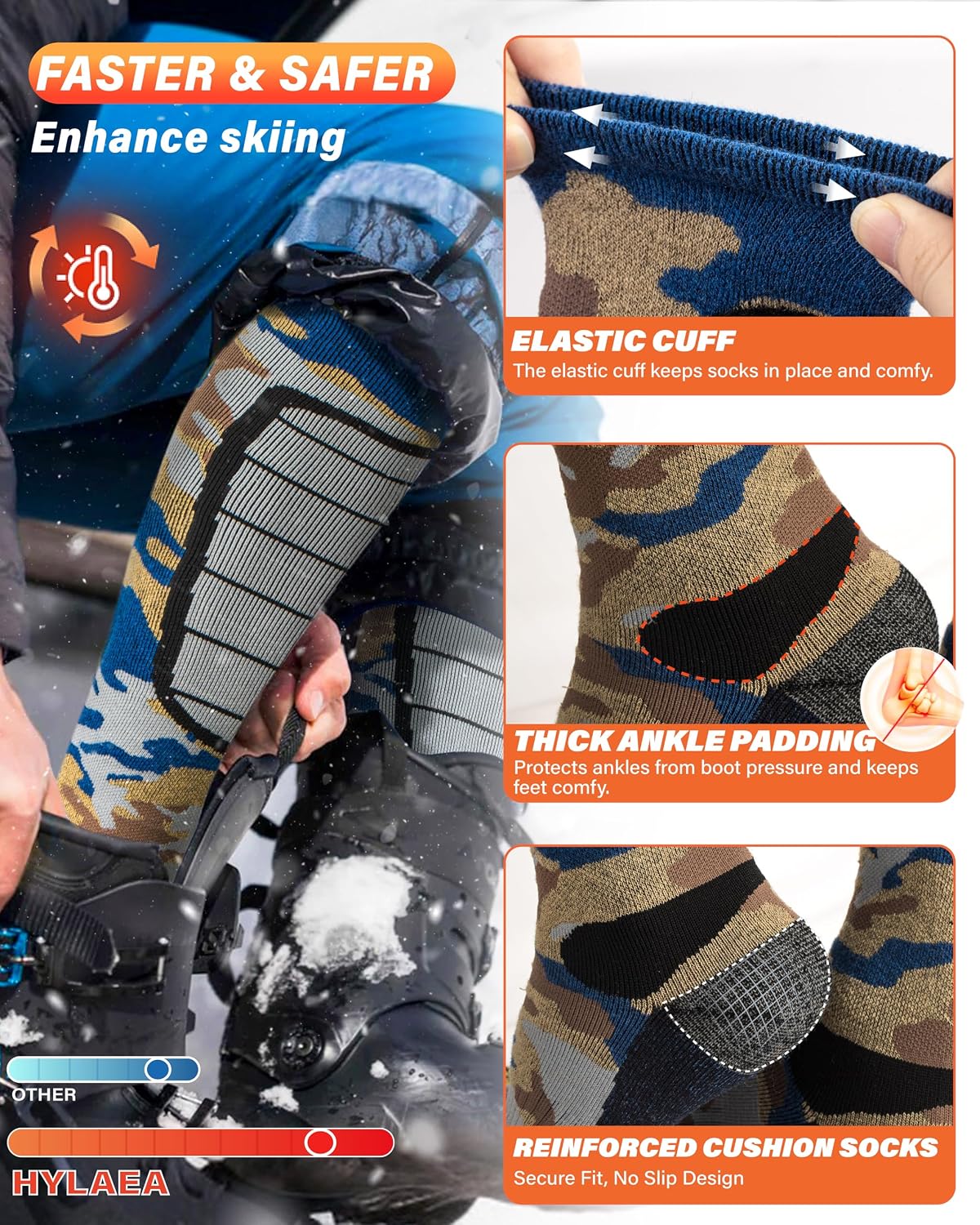Hylaea Unisex Knee High Merino Wool Ski Snowboard Socks, Cushioning & Warm