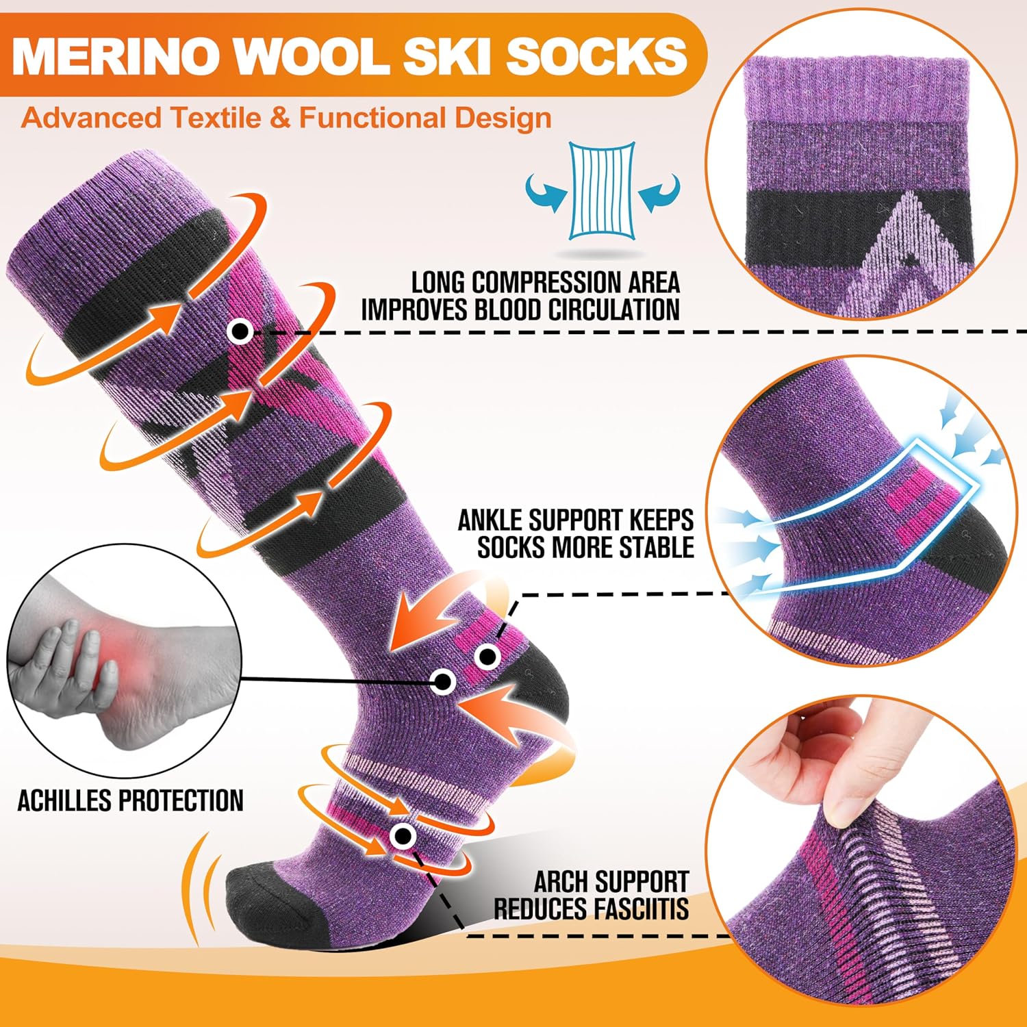 Welwoos 3 Pairs Merino Wool Ski Socks for Womens Mens Thermal Winter Warm Thick Knee High Socks for Skiing Snowboarding