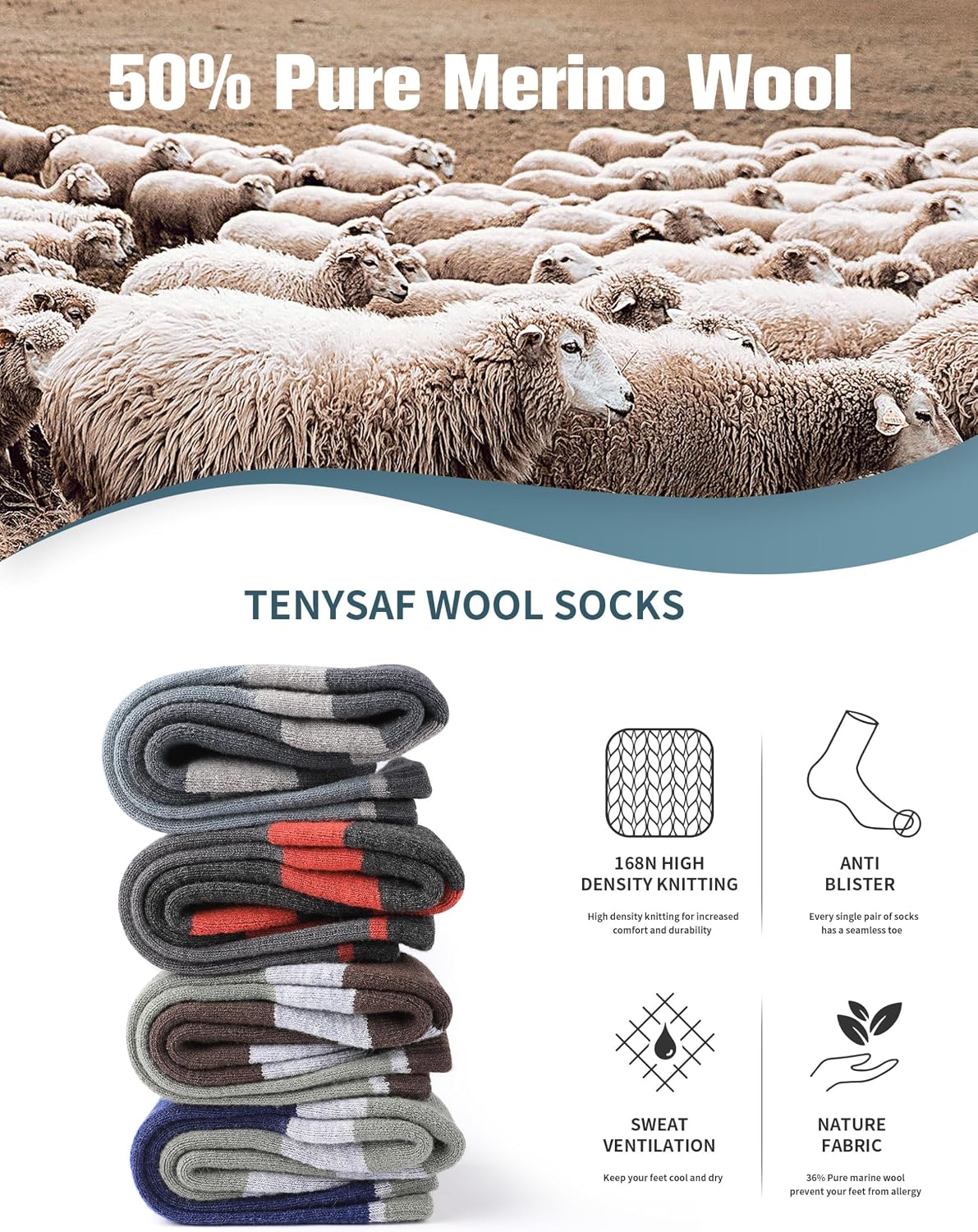 Wool Hiking Socks for Men - Women Lightweight Crew Merino Wool Socks with Cushion for Camping Hunting Work,4 pack