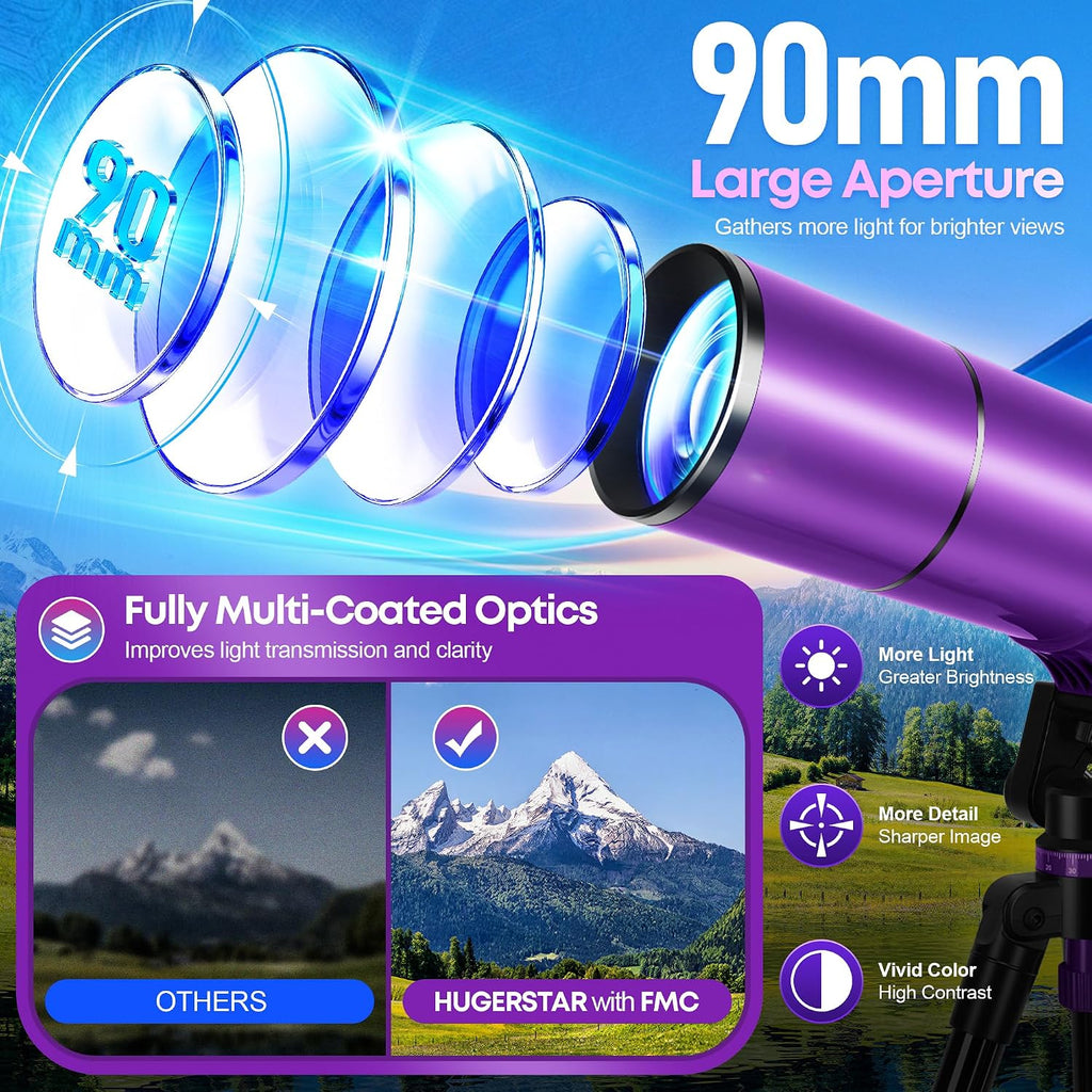 Telescope for Adults & Kids, 90mm Aperture 600mm Refractor Telescope for Astronomy Beginners, Portable Travel Telescopes with Tripod, Phone Adapter, Moon Filter, Carry Bag & Moon Phase Guide