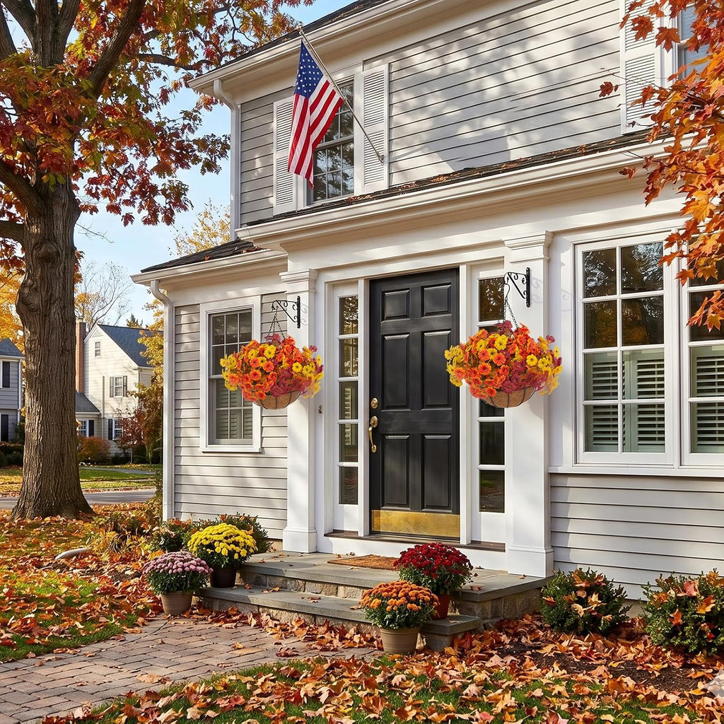 Hananona 2 Set Artificial Outdoor Fall Flowers with Hanging Basket, 2 Packs Hanging Planters with 24 Pcs Faux Fall Mums for Autumn Front Porch Garden Patio Home Decor (2, Orange,Yellow,Burgundy)