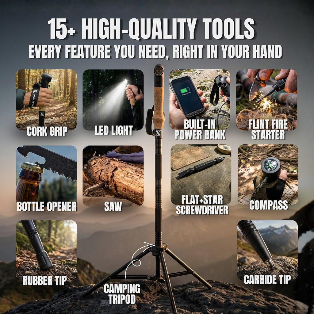 Tactical Hiking & Walking Stick - Survival Multi-Tool w/Light & Power Bank